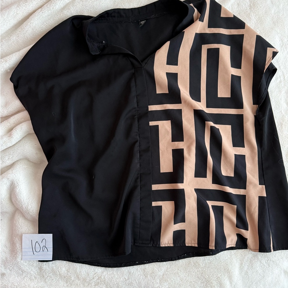 SHEIN Black Blouse with Beige Geometric Panel